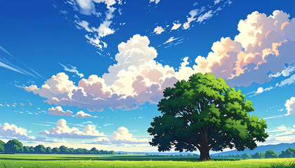 アニメ風景。空。公園。木。Anime scenery. Sky. Park. Trees.