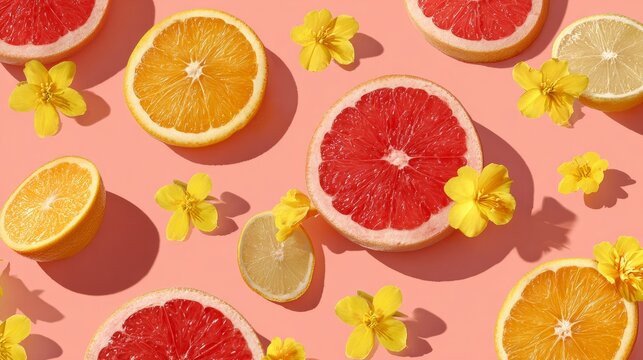 Grapefruit, lemon, and orange slices with yellow flowers arranged in seamless circular pattern, vibrant minimal summer flat lay
