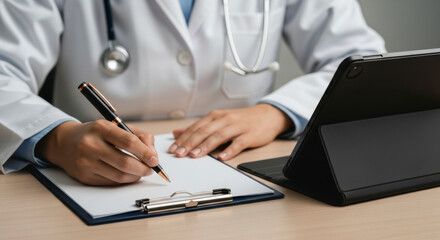 Close-up of a doctor or medical professional in a white coat writing notes on a clipboard with a digital tablet nearby