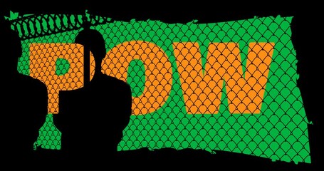 Animation of pow text with barbed wire and people silhouettes on transparent background - Powered by Adobe