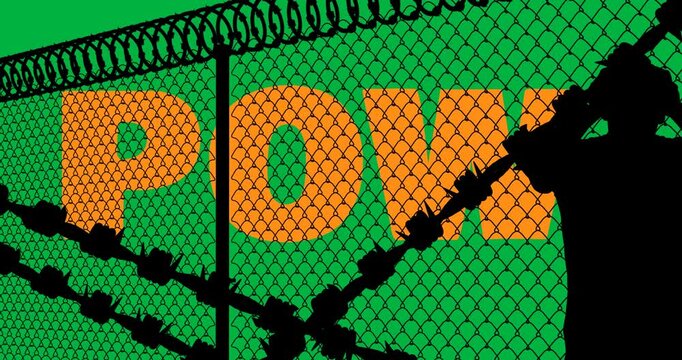 Animation of pow text with barbed wire and man silhouette on transparent background