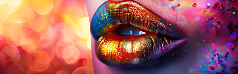 Red and orange glossy lips glowing in surreal lighting