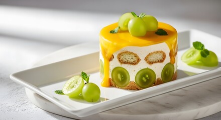 Delicate mango and kiwi cake with fresh grapes and mint