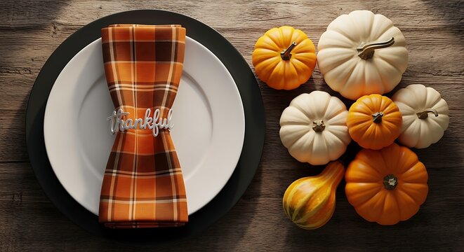 Overhead view of a festive thanksgiving dinner table setting with a white plate and a plaid napkin next to a decorative arrangement of mini pumpkins and gourds on a rustic wooden surface
