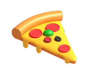 Isometric view of a cartoon pizza slice with toppings and melted cheese