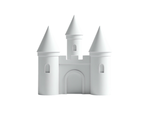 3D rendered white castle with three turrets and arched doorway against black