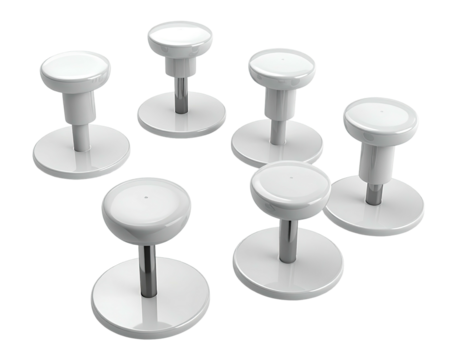 Seven white cylindrical objects with circular bases, evenly spaced