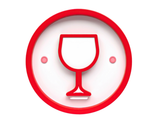 Red, stylized wine glass icon in a circle, surrounded by red border