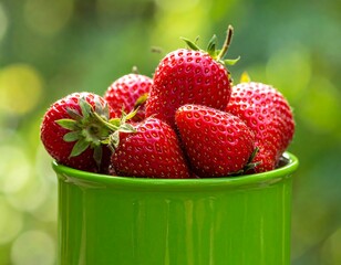 Fresh Strawberries in a Green Bowl.