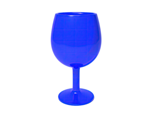 A glossy, sapphire blue wine glass stands isolated against a stark, black background