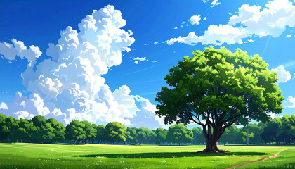 アニメ風景。空。公園。木。Anime scenery. Sky. Park. Trees.