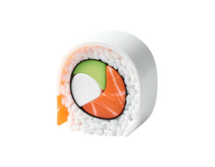 Macro shot of a sushi roll with avocado, salmon, and cream cheese