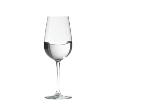 Elegant stemmed glass half-filled with clear liquid against a black background