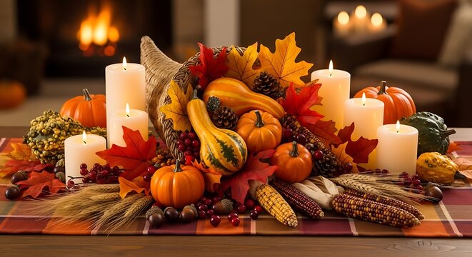 Thanksgiving table centerpiece with candles and pumpkins.