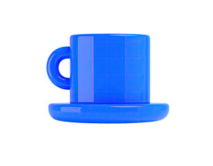 Glossy 3D illustration of a blue coffee cup on a saucer against a black background