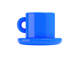 Glossy 3D illustration of a blue coffee cup on a saucer against a black background
