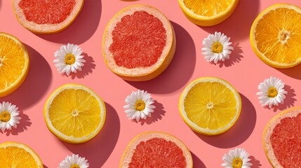 Juicy lemon, orange, and grapefruit slices arranged with yellow daisies in seamless flat lay, vibrant colorful summer pattern, modern stock concept