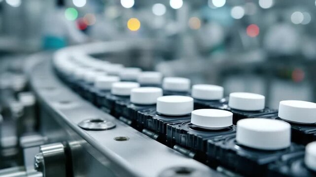 Conveyor belt of capped containers in an automated factory setting. Soft bokeh lights in background