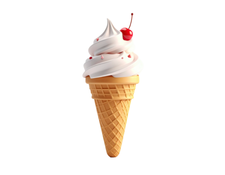 3D render of a soft-serve ice cream cone with cherry and sprinkles
