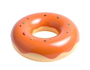 Glossy, 3D-rendered donut with orange glaze and colorful sprinkles, isolated