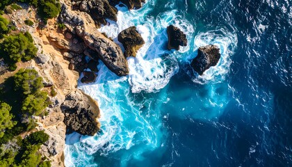 Aerial view of rocky coast and turquoise sea coast