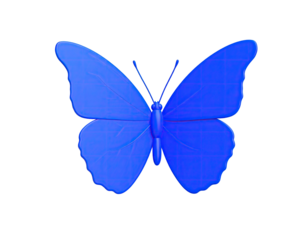A vibrant, stylized butterfly in a deep blue hue, against a stark black backdrop