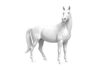 A pristine white horse stands confidently against a stark black background