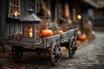 Vintage wooden cart with pumpkins and lantern in rustic setting, autumn scene with warm glow and charming countryside atmosphere