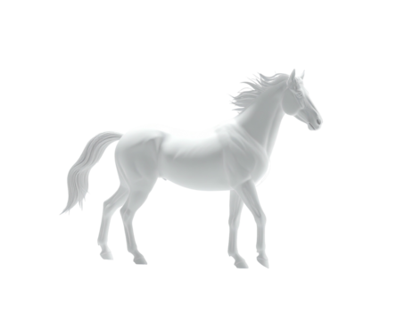 A spectral white horse in side profile with flowing mane and tail against a dark background