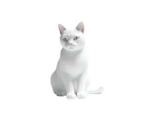 A serene, white cat sits facing forward, with eyes that meet yours, on black