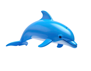 Vivid blue cartoon dolphin with smooth texture, set against a deep black background