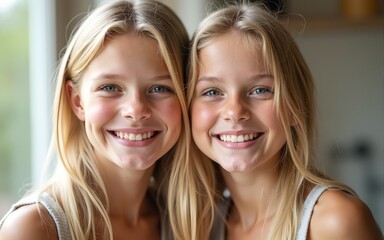 Young happy two girls with same blonde hair and perfect natural skin. High quality