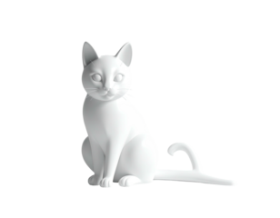 A sleek, white cat sculpture sits, tail curled, against a stark black background
