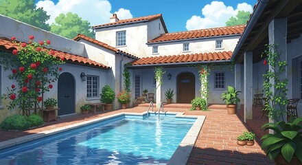 Anime illustration of a Mediterranean villa courtyard with a swimming pool