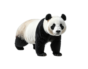 A close-up view of a panda bear standing on all fours, facing the viewer