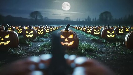 Cinematic video Rows of glowing jack-o’-lanterns revealed in a moonlit pumpkin field. Halloween themes - Powered by Adobe
