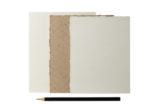 Three distinct textured paper sheets, off-white to light beige, side-by-side; slender matte black graphite pencil in foreground, on seamless transparent studio background. Concept of natural paper