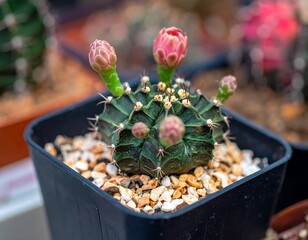 Close Up of a Small Cactus with Pink Flowers.