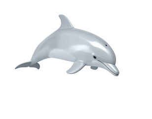 Fototapeta premium A shiny, silver dolphin leaps against a stark black background, a digital rendering
