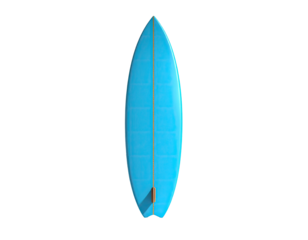 A bright blue surfboard with a fin, floating against a black background