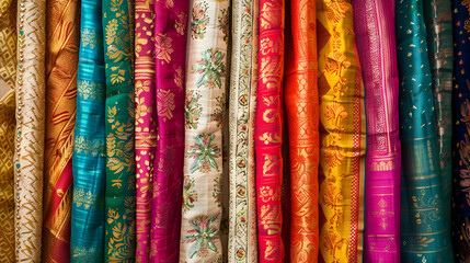 Shiny silk saree fabrics hanging in colorful market stall