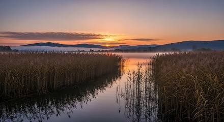 Serene Sunrise Over Lake with Reeds and Distant Mountains.