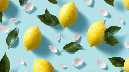 Minimal fruit design pattern featuring lemons and petals on blue pastel background, cheerful flat lay stock photo style