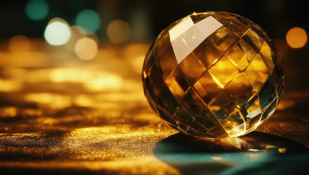 Faceted crystal orb glows on reflective golden surface - Powered by Adobe