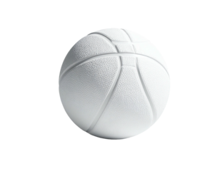 A white basketball floats in the darkness, showcasing seams and textured surface