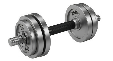 Fototapeta premium Silver dumbbell with 25 kg weight isolated on transparent background for exercise