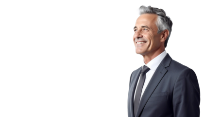 Middle aged business man executive investor leader thinking of future success, mature rich businessman manager lawyer wearing suit standing.