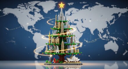 A christmas tree made of famous global landmarks, with a world map in the background