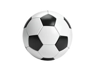 A perfect, pristine soccer ball, black and white panels, on a black background