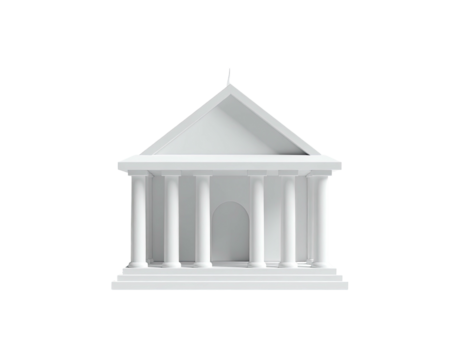 Isolated white neoclassical building, complete with columns, isolated on black